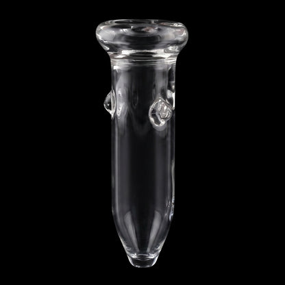 Close-up front view of the clear Smoke Cartel Glass Nail 18mm showing its rounded mouth, cylindrical shaft and two small glass knobs against a black background.