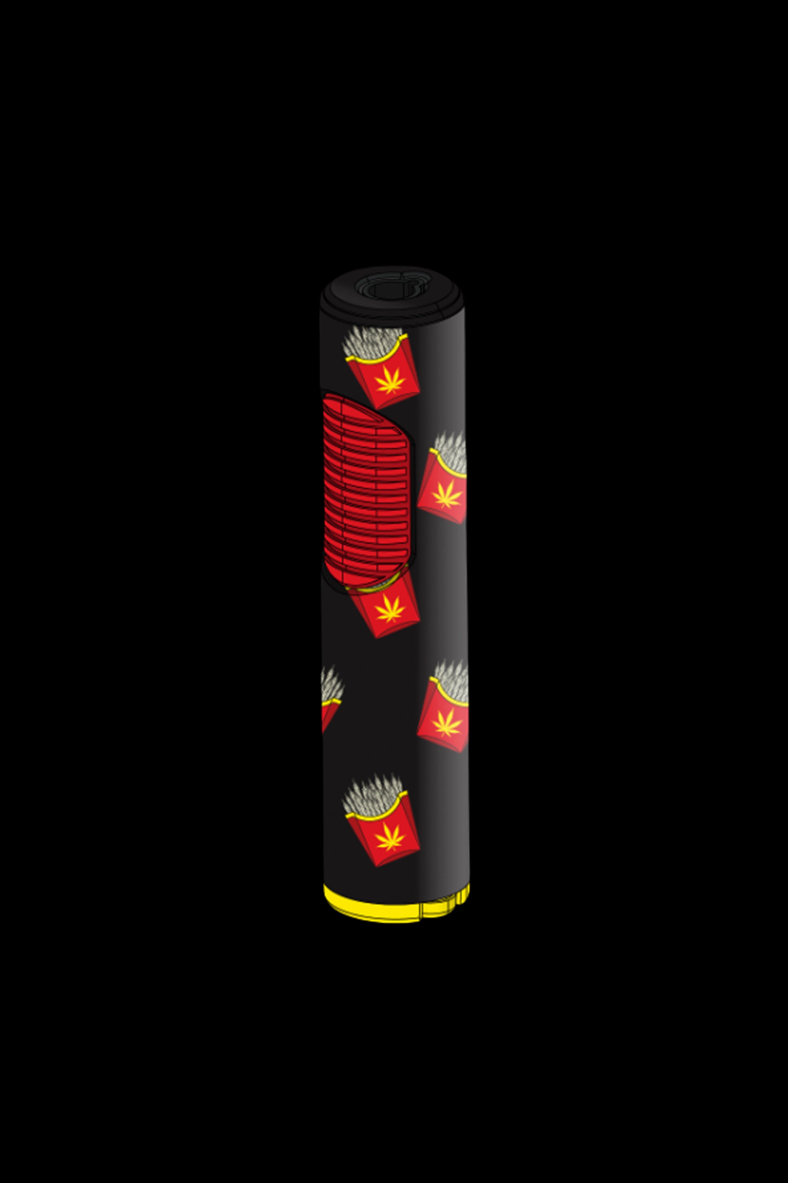 Black cylindrical container with a repeating pattern of red french fry containers adorned with cannabis leaves.