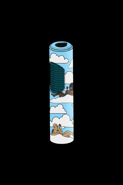Cannabis-themed rolling paper tube with illustrated figures relaxing amongst clouds and a skyscraper.