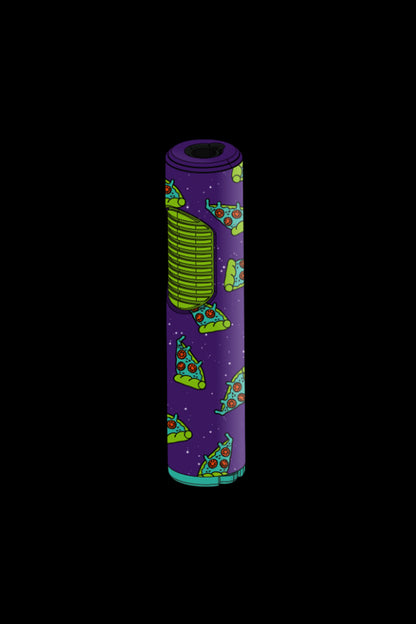 Purple cannabis vape pen with a repeating pizza slice and alien pattern.