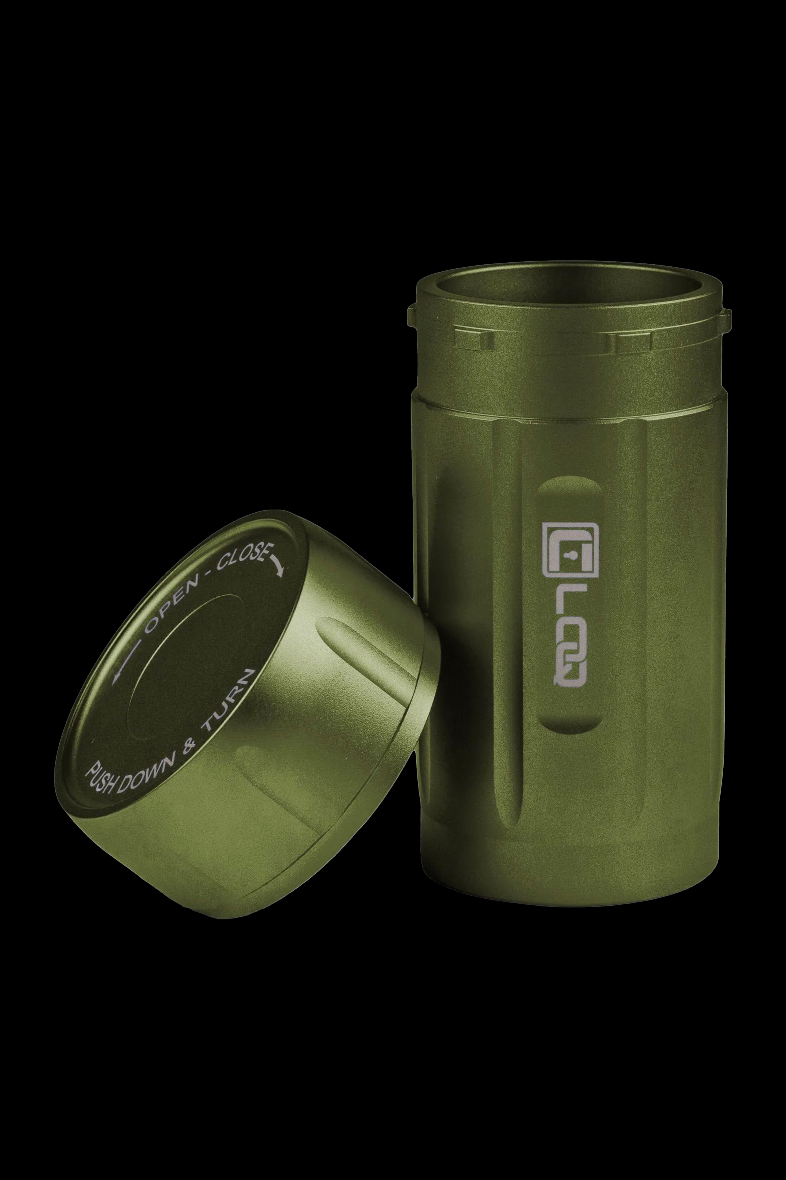 Olive green cannabis storage container with a twist-top lid displaying "OPEN - CLOSE" and "PUSH DOWN & TURN" instructions.