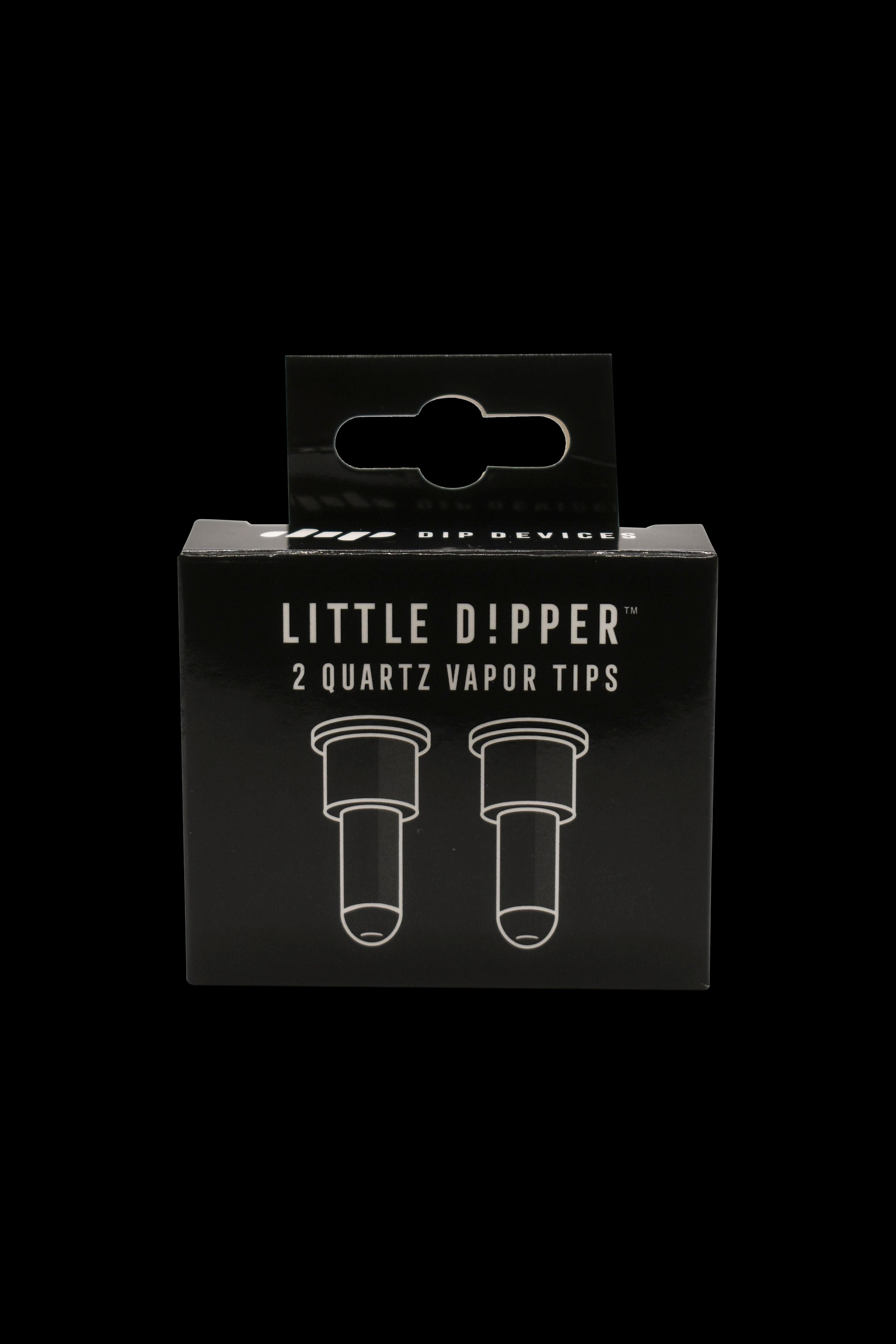 Black packaging for “Little Dipper” quartz vapor tips, showing a graphic of two tips on the front.