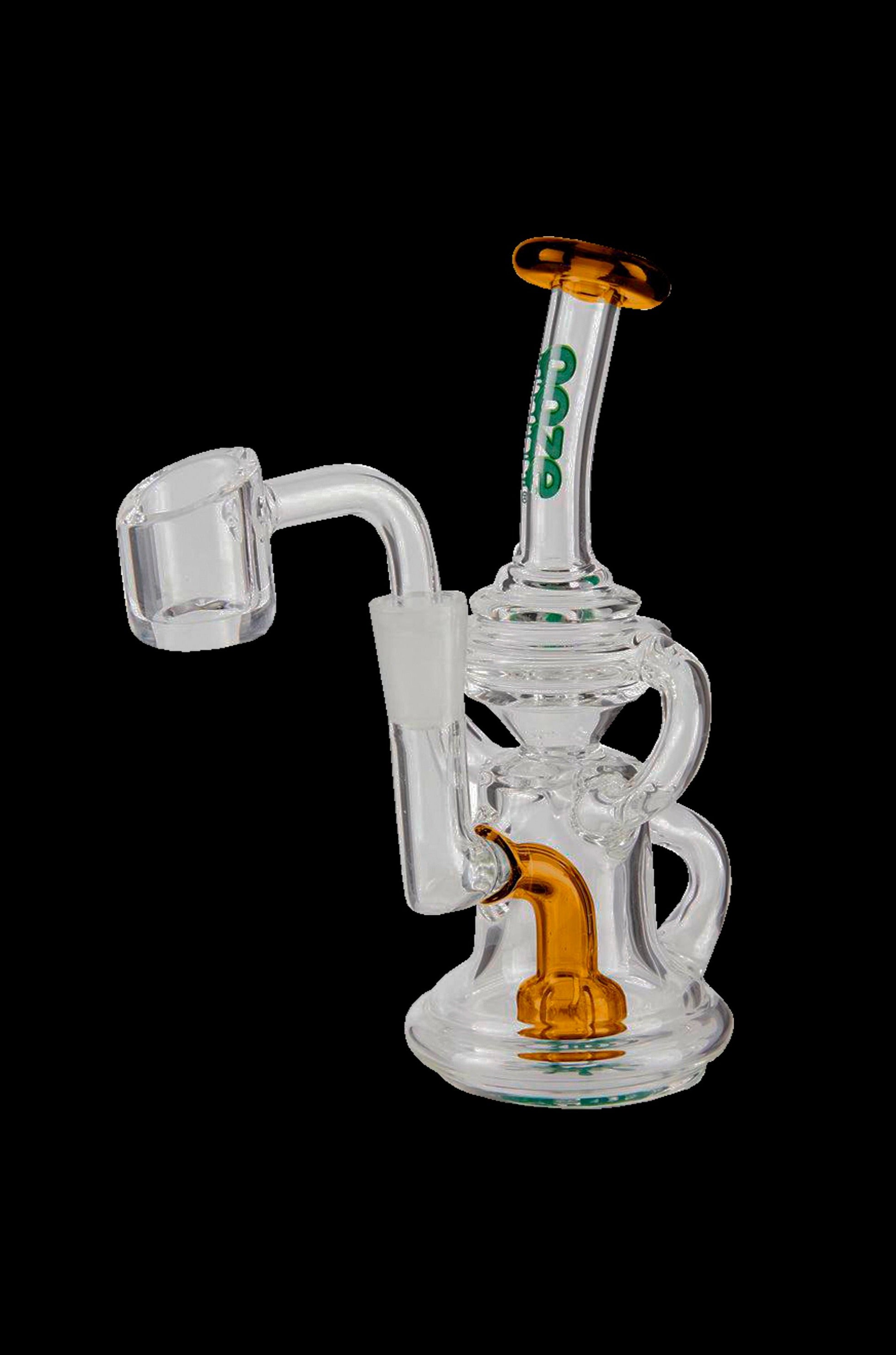 Clear glass dab rig with orange accents and a quartz banger.