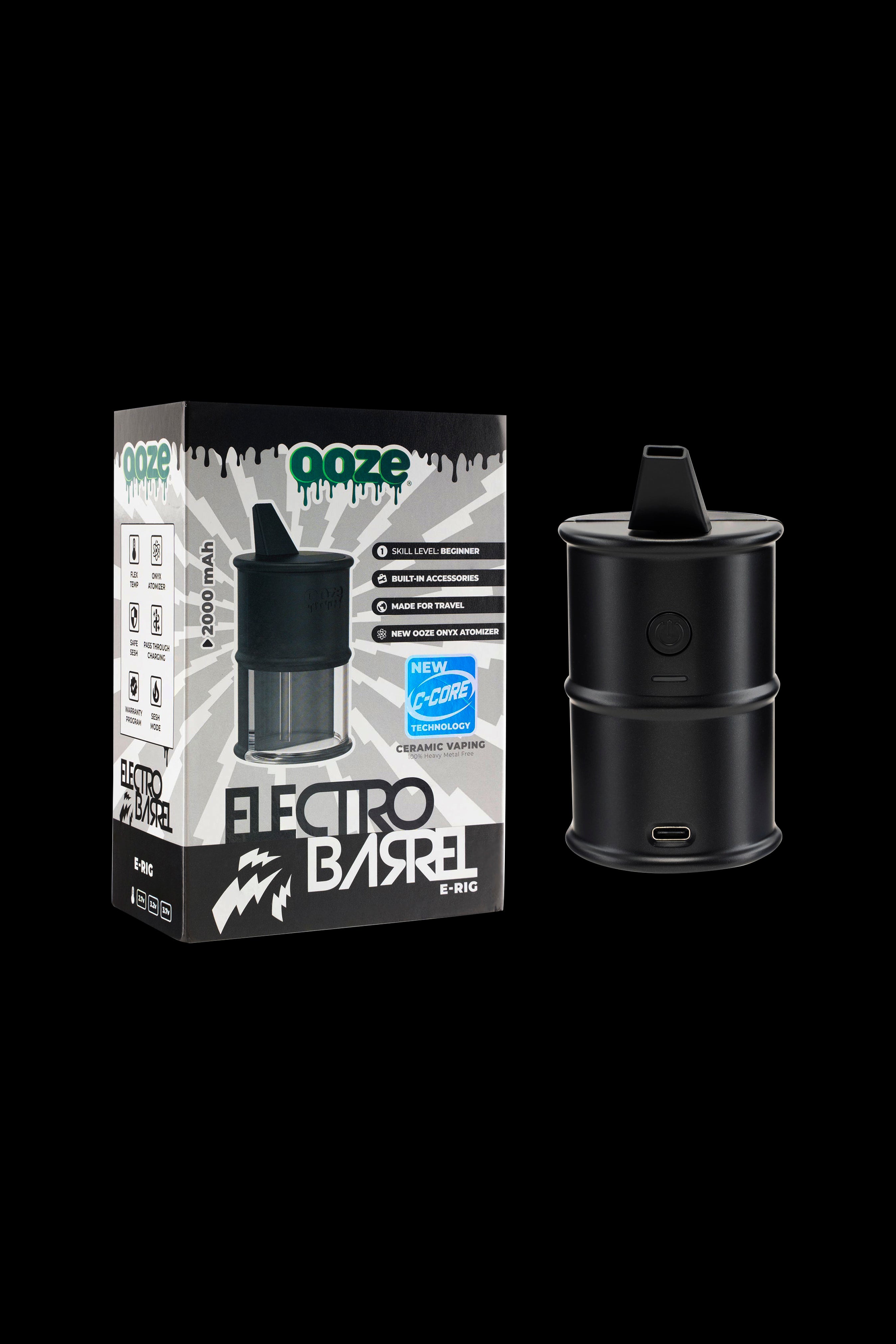 Product shot of a black “Ooze Electro Barrel” e-rig with packaging, highlighting ceramic technology and travel-friendly design.