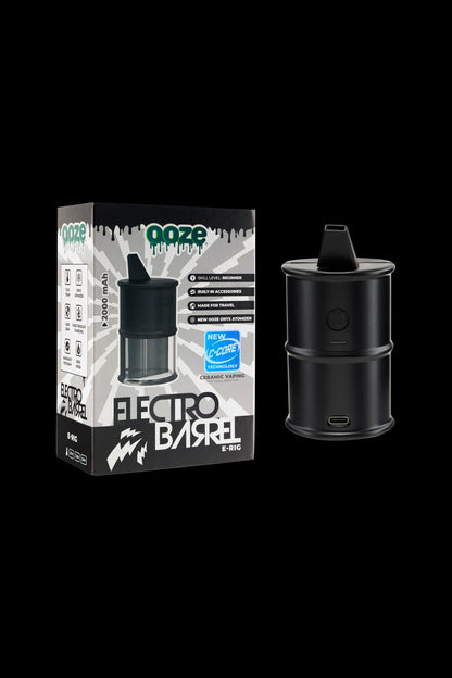 Product shot of a black “Ooze Electro Barrel” e-rig with packaging, highlighting ceramic technology and travel-friendly design.