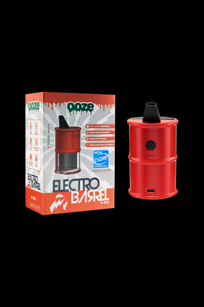 Ooze Electro Barrel e-rig kit in red, featuring a portable, battery-powered device and accompanying box with product details.