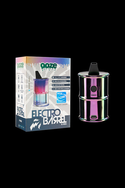 Ooze Electro Dab Rig packaging and device, a portable, electronic dab rig with a purple and clear glass bubbler.