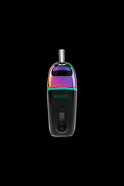 Sleek, iridescent cannabis vaporizer with digital display on black background.