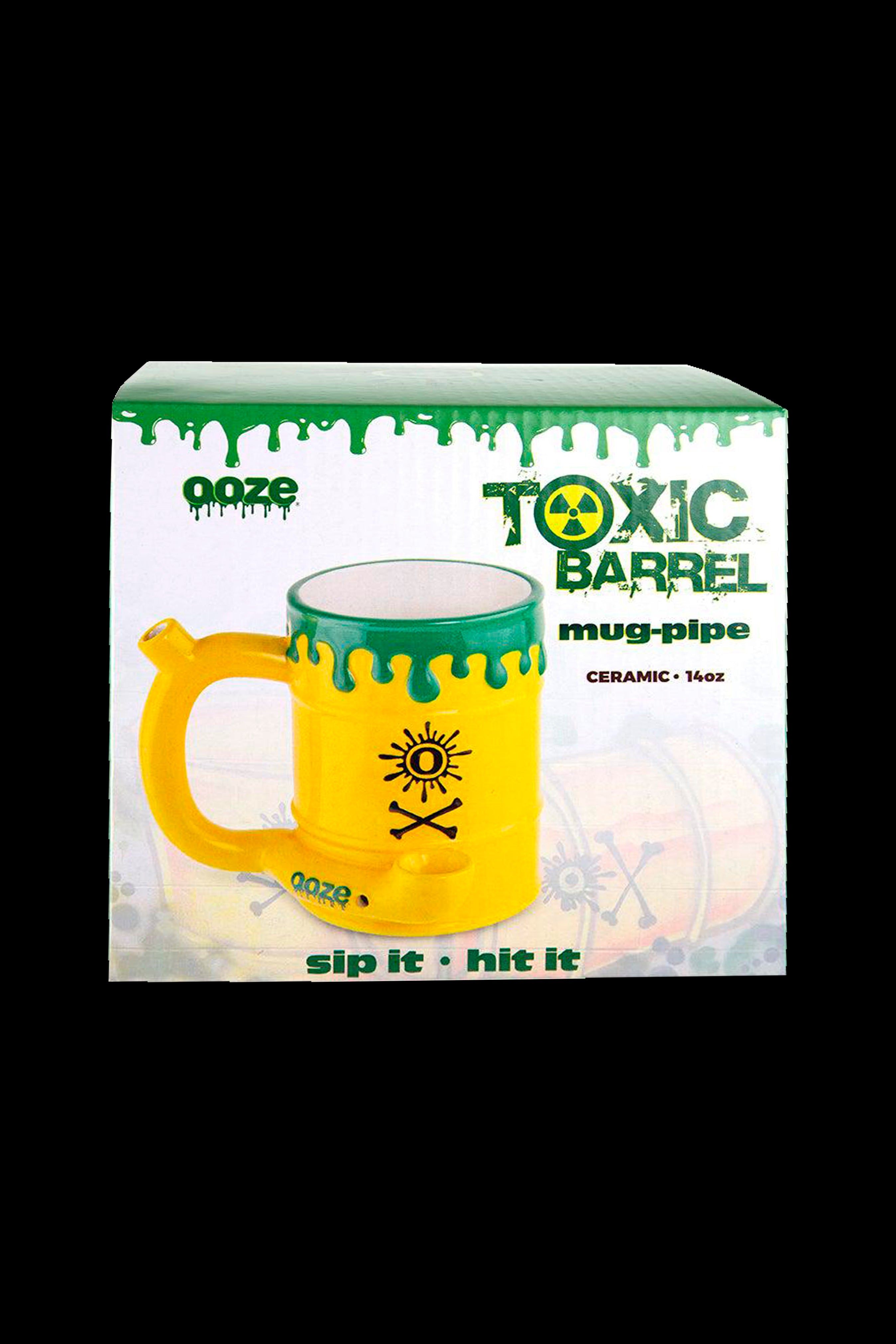 Product packaging for “Toxic Barrel” ceramic mug-pipe by Ooze, featuring a turquoise mug with skull & crossbones design and dripping green slime.