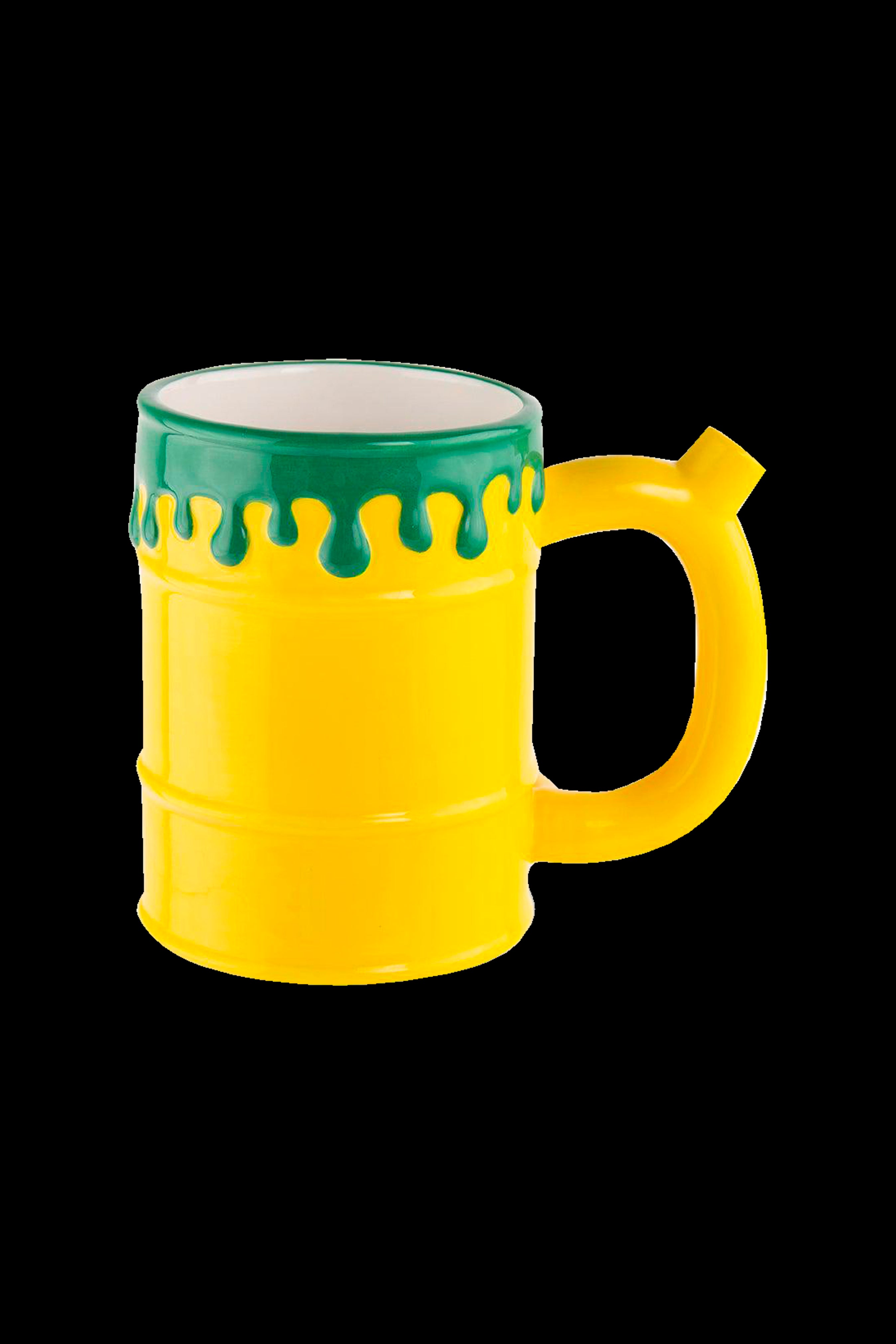 Yellow glass pipe resembling a beer mug with green dripping glaze.