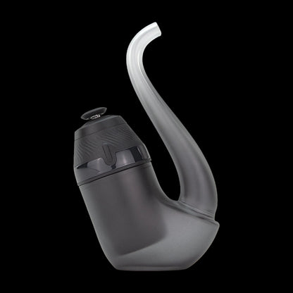Angled close-up of the Onyx Puffco New Proxy Vaporizer showing its curved mouthpiece and textured black top against black.