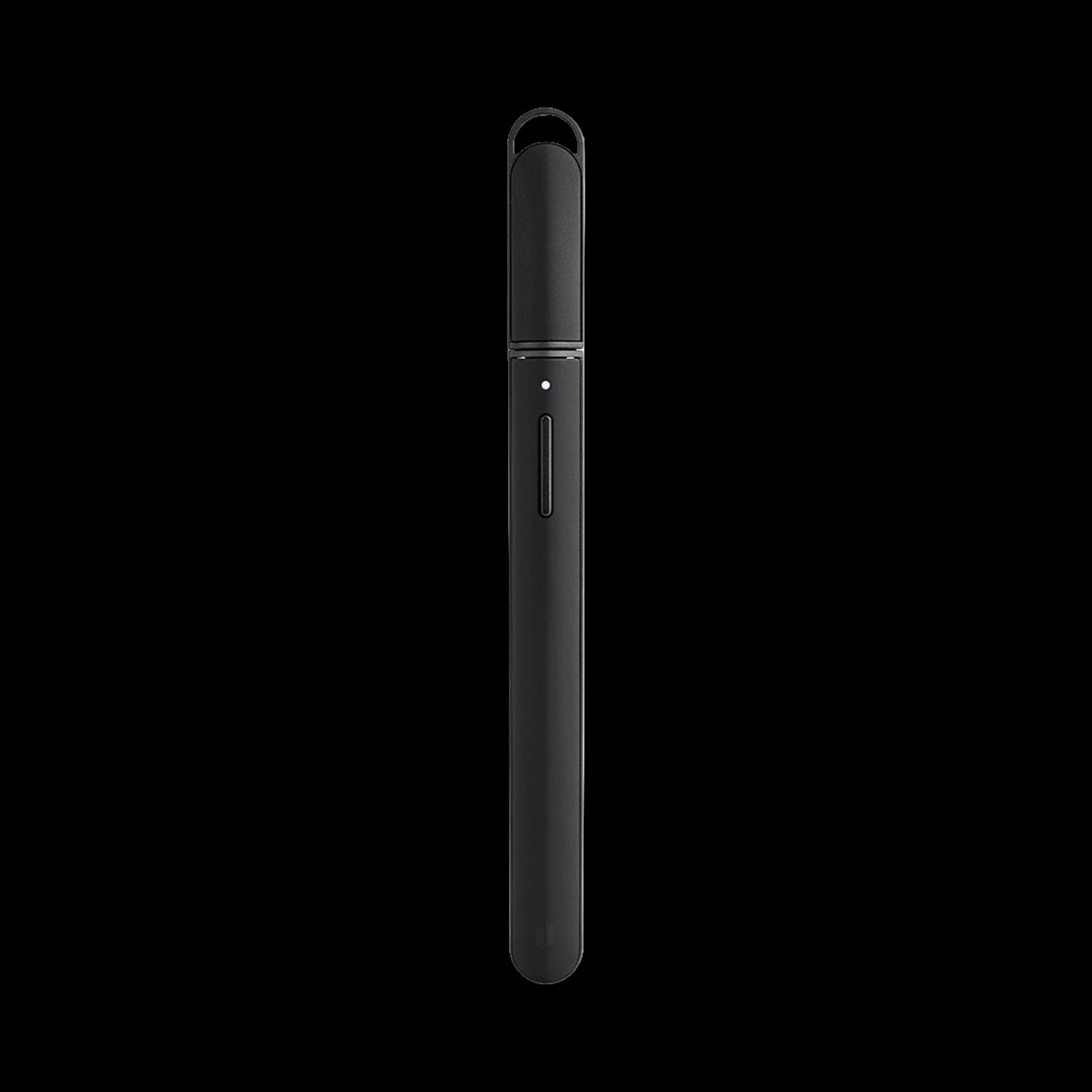Centered vertical close-up of the black Puffco New Hot Knife against a solid black background, showing its slim body and cap.