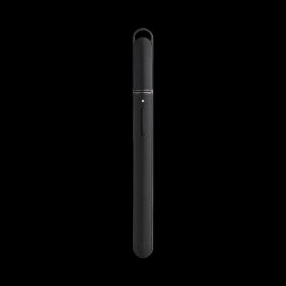 Centered vertical close-up of the black Puffco New Hot Knife against a solid black background, showing its slim body and cap.