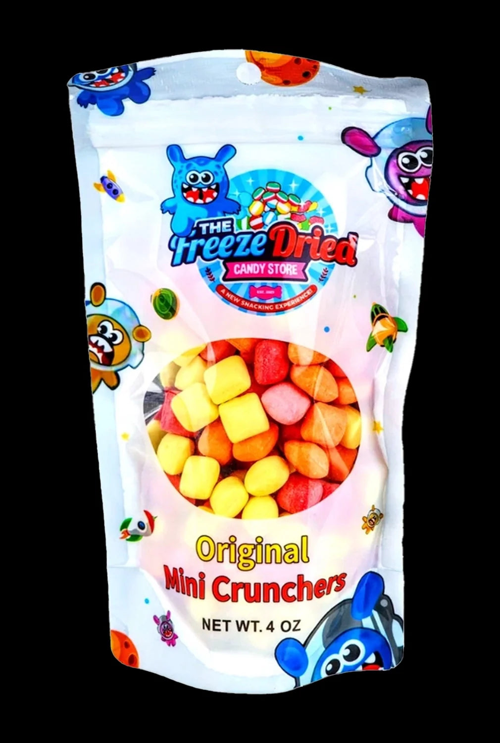 A colorful, sealed bag of “Freeze Dried Candy Store” Original Mini Crunchers, a cannabis-infused edible product.