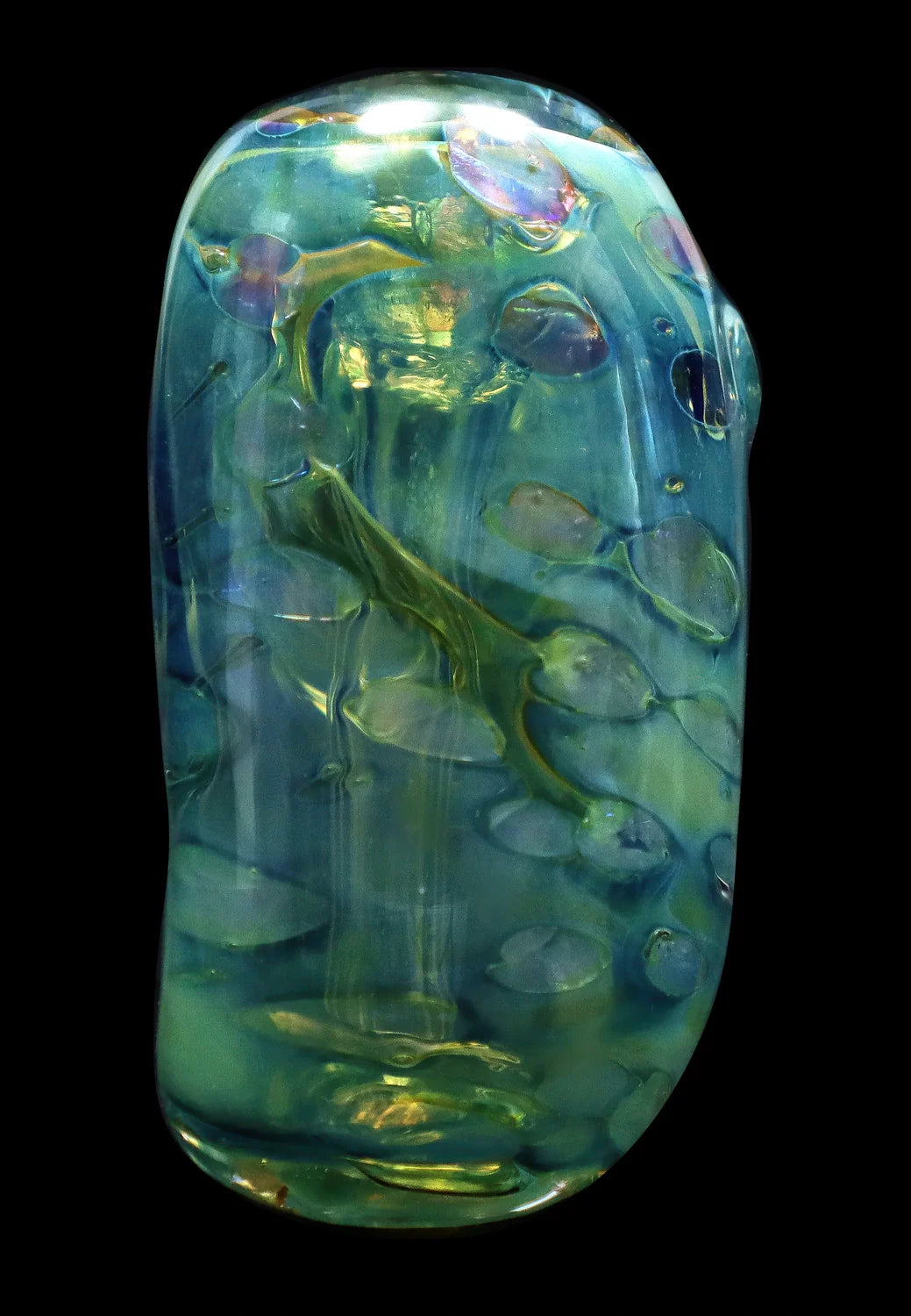 Close-up front view of the Smoke Cartel Gold Fume Bubble Trap Hammer Bubbler - 6 in. showing iridescent teal and gold swirls and bubble-like inclusions against a black background