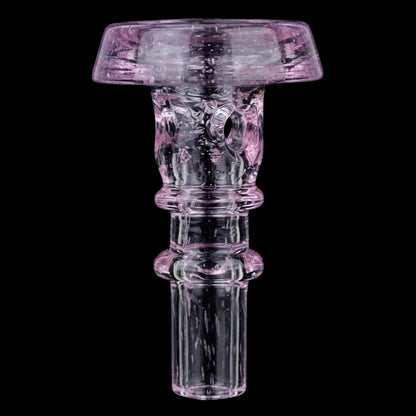 Close-up front view of the Empire Glassworks PuffCo Peak Pro 3D XL Chamber Glass Joystick Cap - Pink Slyme showing translucent pink glass details against a black background