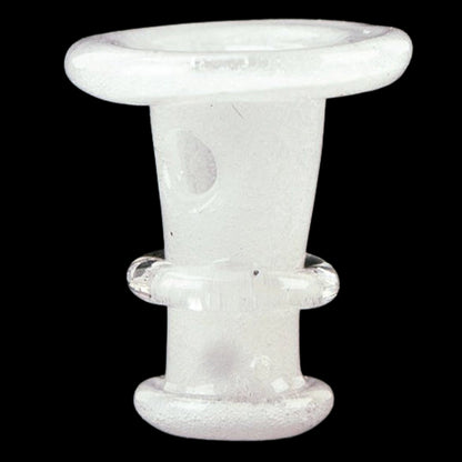 Close-up front view of the Empire Glassworks PuffCo 'New Peak' & Proxy Glass Joystick Cap - Glow in the Dark showing its white translucent stem, rounded top lip and two clear glass rings against a black background