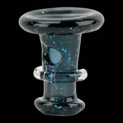 Close-up front view of the Empire Glassworks PuffCo 'New Peak' & Proxy Glass Joystick Cap - Nebula Black showing a glossy black mushroom-shaped cap with scattered blue iridescent flecks against a black background
