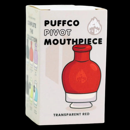 Angled close-up of the Empire Glassworks Puffco Pivot Glass Mouthpiece - Transparent Red packaging showing a red mouthpiece illustration and bold product text.