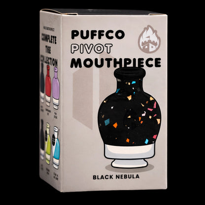 Angled front view of the Empire Glassworks Puffco Pivot Glass Mouthpiece - Black Nebula box showing a speckled black mouthpiece illustration.