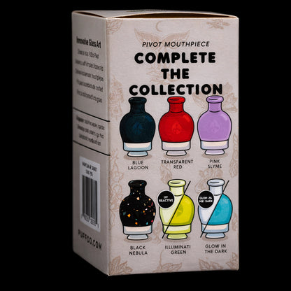 Three-quarter view of the Empire Glassworks Puffco Pivot Glass Mouthpiece - Black Nebula packaging showing illustrated color options on a beige box.