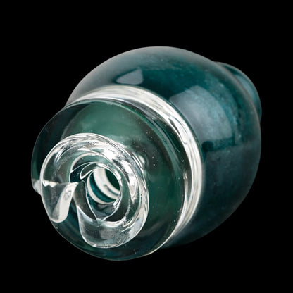 Close-up angled view of the blue glass mouthpiece, Empire Glassworks Puffco Pivot Glass Mouthpiece - Blue Lagoon, showing its spiral clear tip and glossy teal body against a black background