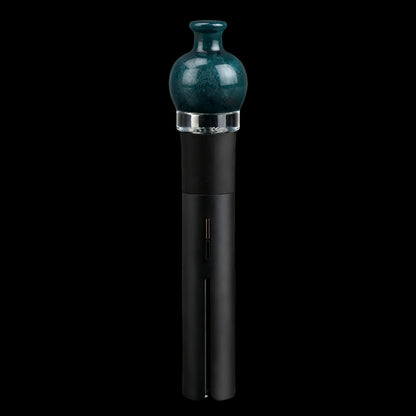 Close-up front view of the Empire Glassworks Puffco Pivot Glass Mouthpiece - Blue Lagoon seated atop a black Pivot stem.