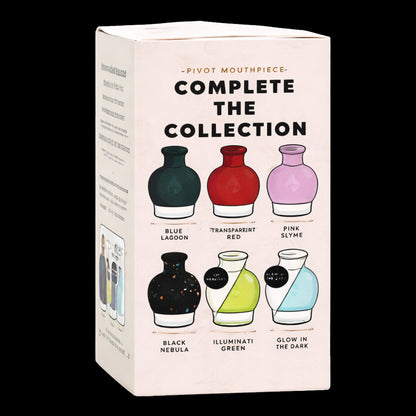 Front three-quarter view of the box showing illustrated color options, featuring the Empire Glassworks Puffco Pivot Glass Mouthpiece - Blue Lagoon label near the top.