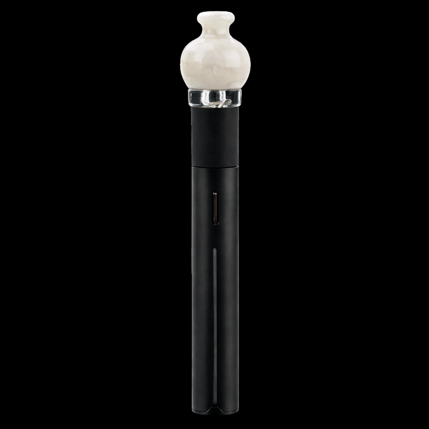 Centered vertical close-up of the Empire Glassworks Puffco Pivot Glass Mouthpiece - Glow in the Dark showing a cream rounded glass tip seated in a clear collar atop a matte black stem against a black background