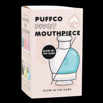 Angled front view of the Empire Glassworks Puffco Pivot Glass Mouthpiece - Glow in the Dark box showing illustrated blue mouthpiece art and bold product text.