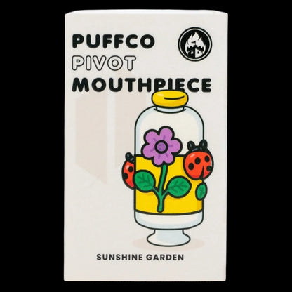 Centered close-up of the Empire Glassworks Puffco Pivot Glass Mouthpiece - Sunshine Garden packaging showing a cartoon glass piece with a purple flower and two ladybugs.
