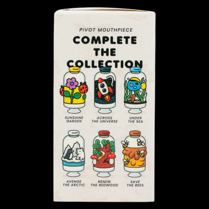 Vertical product shot of the Empire Glassworks Puffco Pivot Glass Mouthpiece - Sunshine Garden box showing colorful jar illustrations including the "Sunshine Garden" floral design.