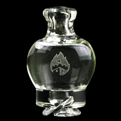 Close-up front view of the Empire Glassworks Puffco Pivot Glass Mouthpiece - UV Illuminati showing its clear bulbous top and etched emblem.