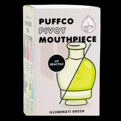 Close-up front view of the Empire Glassworks Puffco Pivot Glass Mouthpiece - UV Illuminati box showing a stylized green mouthpiece illustration.