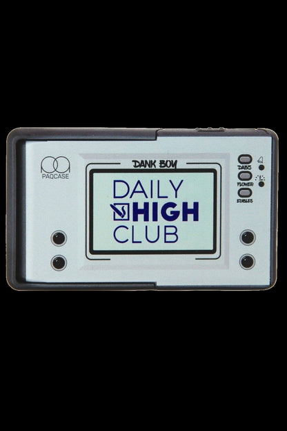 A black cannabis storage case with a retro-style label reading “DAILY HIGH CLUB” and icons for dabs, flower, and edibles.