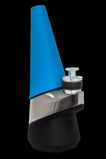Blue and black electronic dab rig, also known as an e-rig, for vaporizing cannabis concentrates.