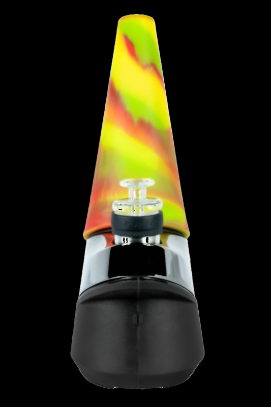 Black and white electronic dab rig with a colorful silicone cap.