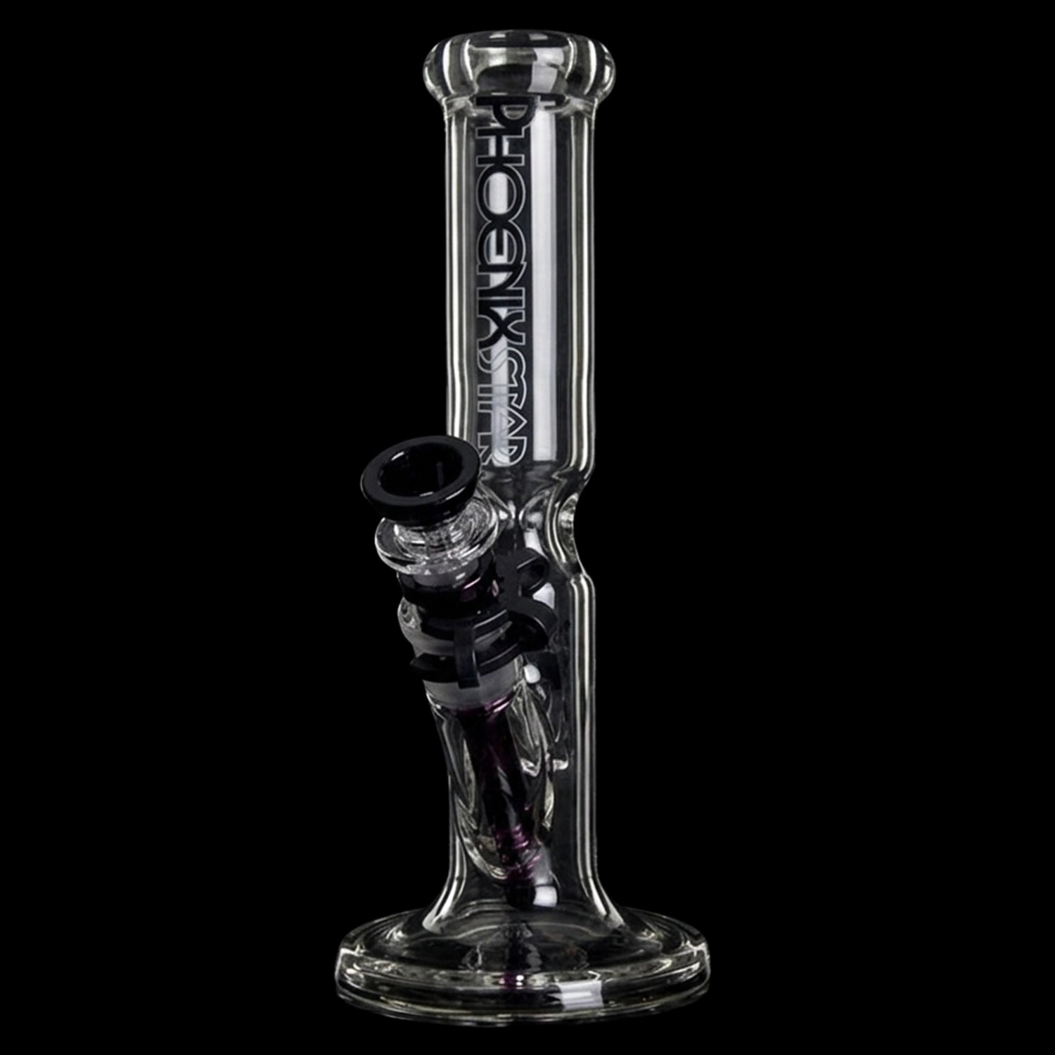 Angled close-up of the Green Flower Phoenix Star Straight 10 Inches Bong showing its clear glass tube, black-accented bowl, and reflective base against a black background