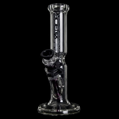 Angled close-up of the Green Flower Phoenix Star Straight 10 Inches Bong showing its clear glass tube, black-accented bowl, and reflective base against a black background