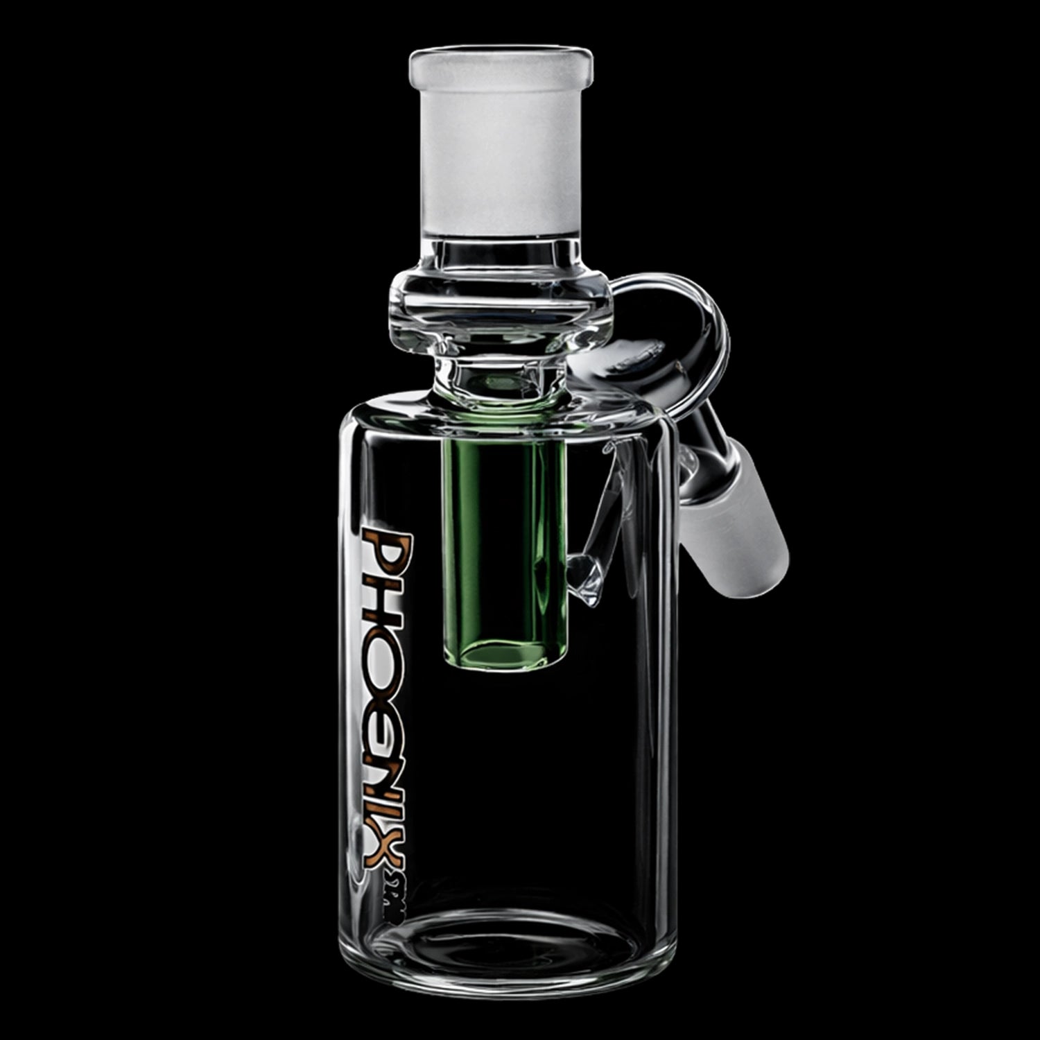 Close-up front view of the Green Flower Phoenix Star Perclrss Ash Catcher showing its frosted male joint, clear glass body, and visible green inner percolator against a black background