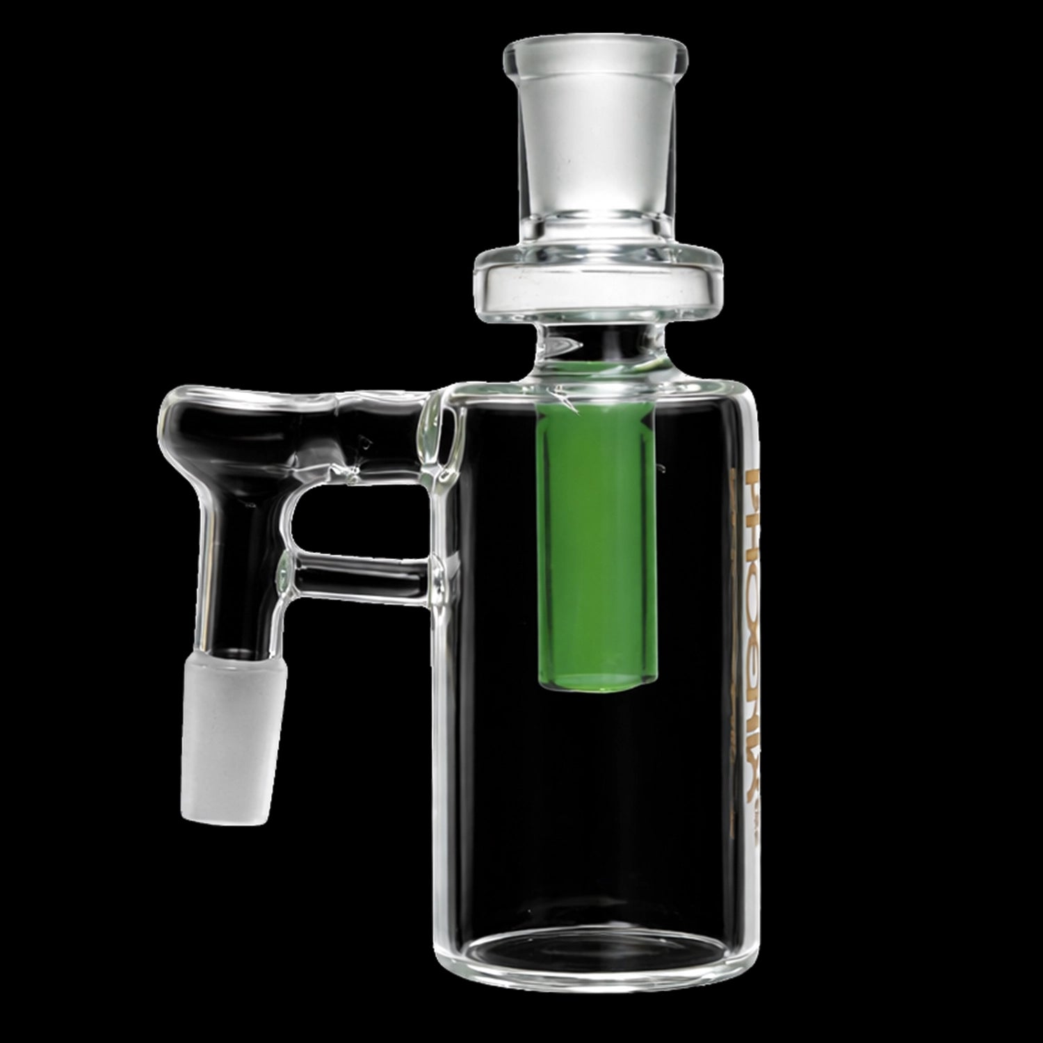 Close-up 45° view of the Green Flower Phoenix Star Perclrss Ash Catcher showing a clear glass body with a vertical green inner tube and frosted joint against a black background.