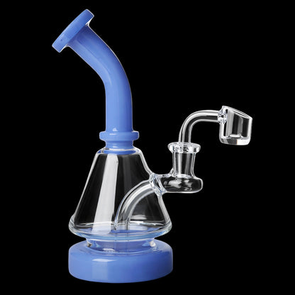 Angled close-up of the Green Flower Phoenix Star 7 Inches Dab Rig With 14Mm Quartz Banger showing its blue curved mouthpiece, clear glass joint and quartz banger against a black background.