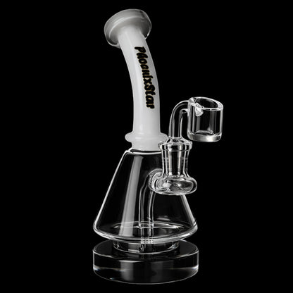 Angled close-up of the Green Flower Phoenix Star 7 Inches Dab Rig With 14Mm Quartz Banger showing the white curved neck with logo and clear glass base against a black background
