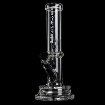 Centered, vertical close-up of the clear Green Flower Phoenix Star 7Mm Tube Bong With Thick Base 12 Inch against a black background, showing the mouthpiece, logo on the tube, and angled downstem.