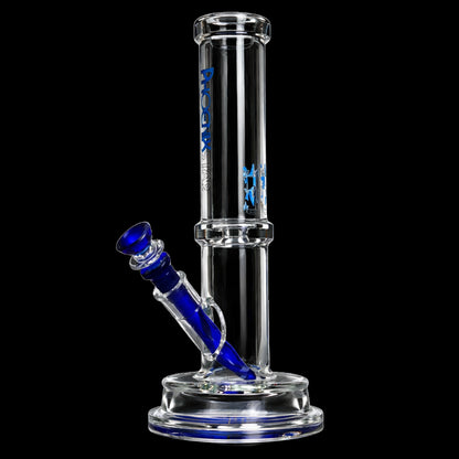 Close-up, front view of the Green Flower Phoenix Star 7Mm Tube Bong With Thick Base 12 Inch showing its clear glass neck, blue angled downstem and blue accents against a black background.
