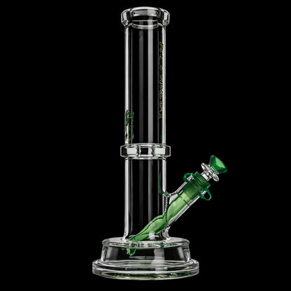 Centered vertical close-up of the Green Flower Phoenix Star 7Mm Tube Bong With Thick Base 12 Inch showing its clear neck and green angled bowl.