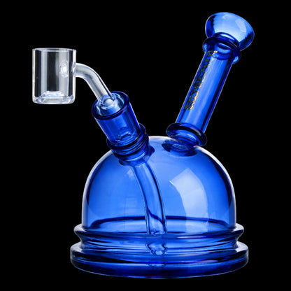Close-up diagonal view of the blue Green Flower Phoenix Star 6 Inch Translucent Dome Dab Rig showing the dome, angled neck and clear quartz banger against a black background.