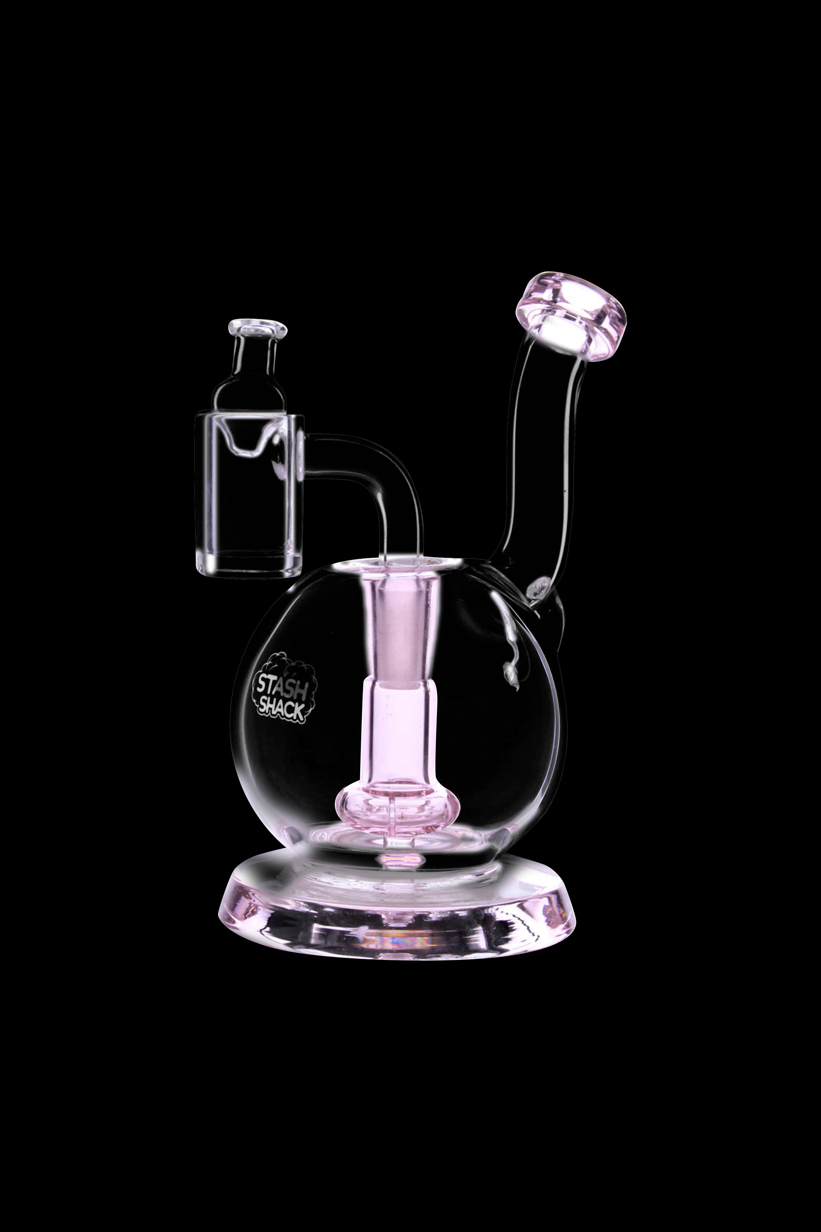 Pink glass water pipe with intricate bubblers and the “Stash Shack” logo, isolated on a black background.
