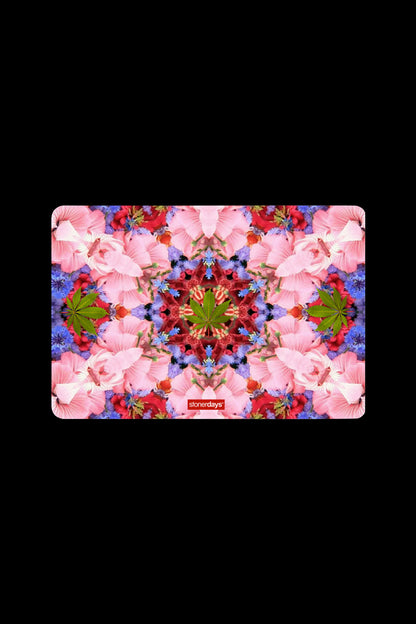 Floral cannabis-themed mat with a symmetrical design and “Stonedays” logo.