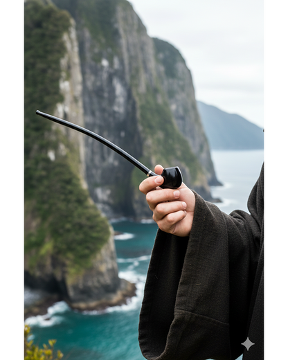 A right-side view of a hand holding a black Pulsar Deep Bowl Churchwarden Rosewood Sherlock pipe against cliffs and teal sea in soft daylight